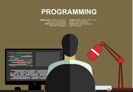 Programming concept. Man is coding. Computer with lines of code on screen and computer mouse. Flat design graphics for web banners, web sites, printed materials. Vectorのイラスト素材