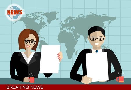 Breaking news - News announcers in the studio - Vector flat design illustration.のイラスト素材