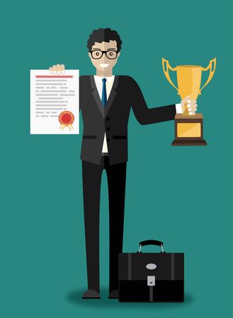 Professional certification, business education concepts. Happy man in suit with diploma and gold cup. Flat design vector illustrationのイラスト素材