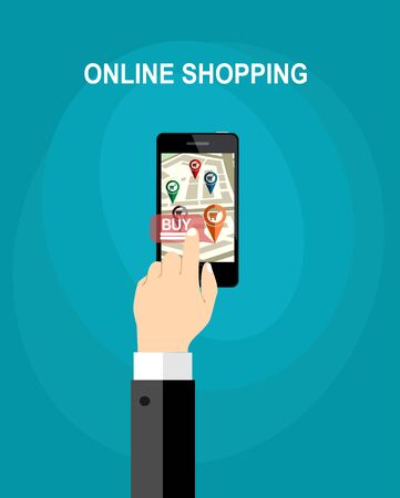 Online shopping on mobile phone - man holding mobile phone with add to cart button, flat design illustrationのイラスト素材