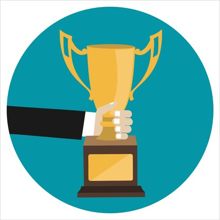 Male hand holding winner's cup. Winner trophy awards. Trophy cup flat icon. Winner cup vector illustration.のイラスト素材