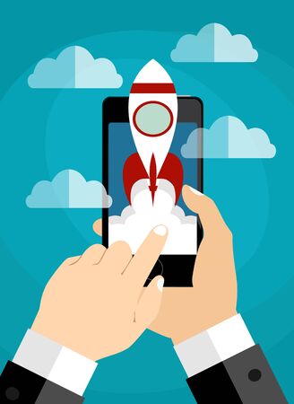 Hand holding smartphone with launch rocket on the screen. Successful startup business concept. Flat vector illustration.のイラスト素材