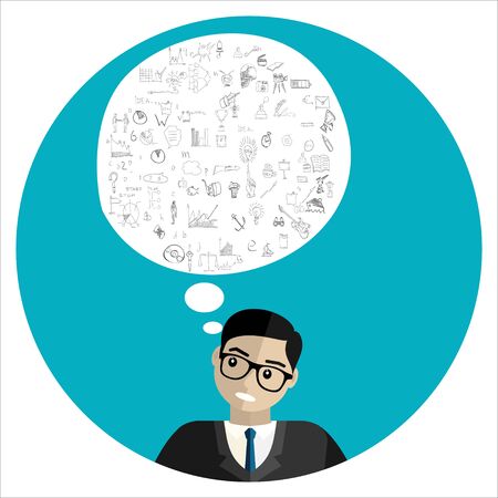 Business man and thought bubble with infographics data. Flat illustration. Right decision. Modern flat design concepts for web banners, web sites, printed materials, infographics.のイラスト素材