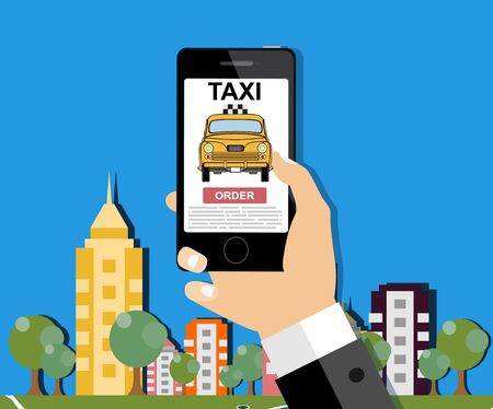 Human hand holds smartphone with mobile app for Booking taxi. Vector flat illustrationのイラスト素材