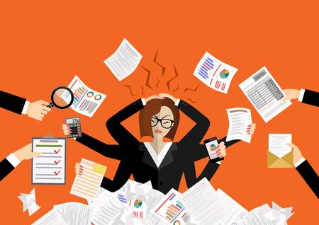 Stressed cartoon businesswoman in pile of office papers and documents. Stress at work. Overworked. Vector illustration in flat designのイラスト素材
