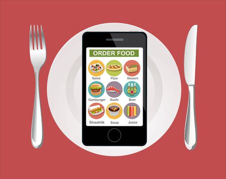 Flat design colorful vector illustration concept for fast food delivery. app interface design with icons on mobile displayのイラスト素材