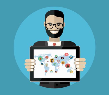 Social media network concept. Business man hold tablet with map and avatars. Vector illustrationのイラスト素材