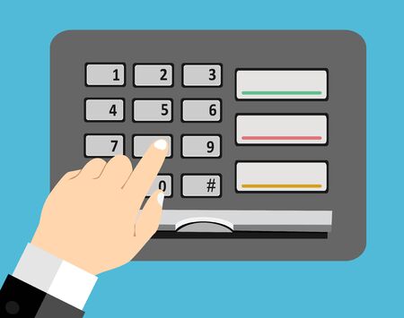 Hand finger entering with PIN code combination or password on a keypad. Flat style vector icon ATMのイラスト素材
