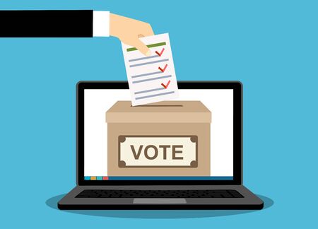 Voting online concept. Hand putting voting paper in the ballot box on a laptop screen. Flat vector illustration.のイラスト素材