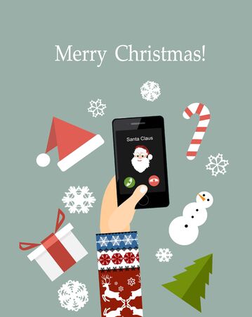 Christmas card with phone call from Santa in flat style. Hand holding smartphone with incoming call screen.のイラスト素材