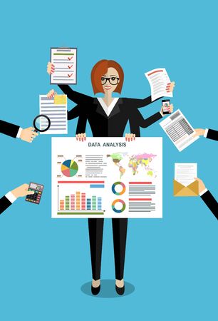 Business woman surrounded by hands with office things. Multitasking and time management concept. Vector flat design illustration. Square layout.のイラスト素材