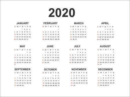 Calendar 2020, vector illustration. Week starts on Sunday.のイラスト素材