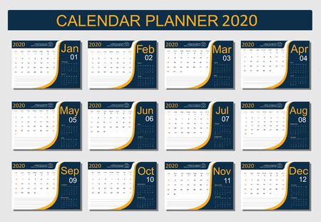 2020 Calendar Planner Design. Monthly scheduler. Week starts on Sunday. Set of 12 months. Vector illustrator.のイラスト素材
