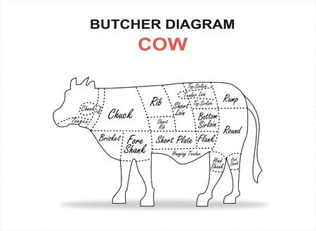 Cut of beef set. Poster Butcher diagram - Cow.のイラスト素材