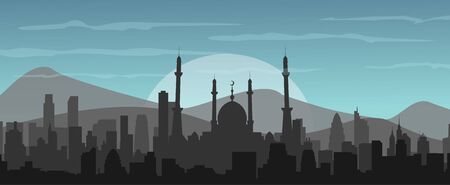 Silhouette of a mosque. Buildings silhouette cityscape with mountains. Modern architecture. Urban landscape. Horizontal banner with megapolis panorama. Vector illustrationのイラスト素材