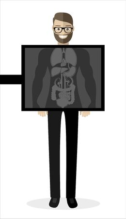 Young hipster patient with the beard during chest x ray procedure. Young man with x ray screen showing his internal organs. Vector flat design illustration. Square layout.のイラスト素材
