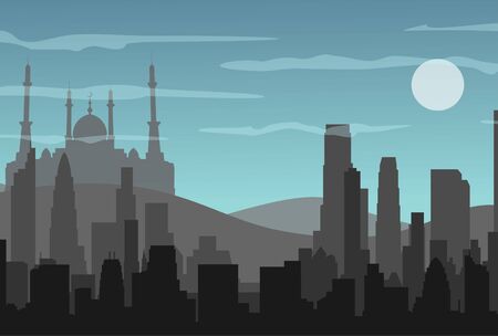Silhouette of a mosque. Buildings silhouette cityscape with mountains. Modern architecture. Urban landscape. Horizontal banner with megapolis panorama. Vector illustrationのイラスト素材