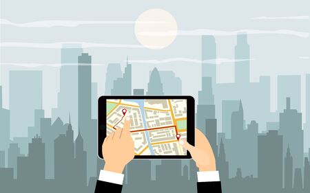 Cartoon hand holds smartphone or tablet pc with navigation app against cityscape in day. Navigation concept. Flat design. illustration.のイラスト素材