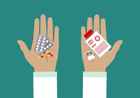 Doctor Hands holds capsules, Tablets, drugs. Medical Prescription. Healthcare illustration in flat styleのイラスト素材