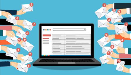 Laptop with email and many hands holding envelopes messages. Email concept. Vector flat design...