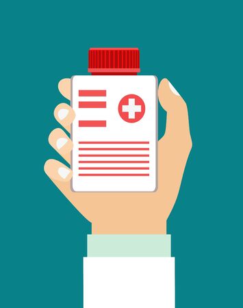 Doctor Hand holds medicine bottle with pills. vector illustration in flat style.のイラスト素材