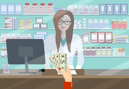 Payment in cash. Interior pharmacy or drugstore with female pharmacist at the counter. Medicine pills capsules bottles vitamins and tablets. vector illustration in flat styleのイラスト素材