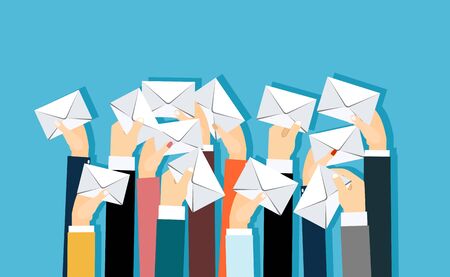 Many hands holding envelopes messages. Email concept. Flat design illustration.のイラスト素材