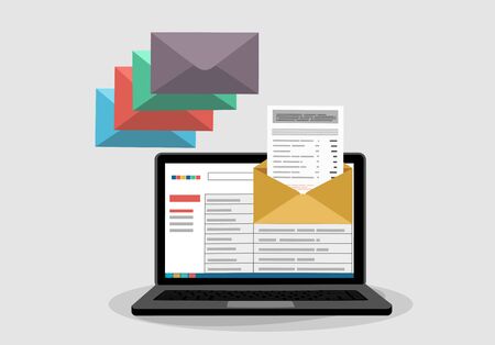 Hands holding envelopes email coming out from laptop. Email marketing, internet advertising concepts. Flat vector illustration.のイラスト素材