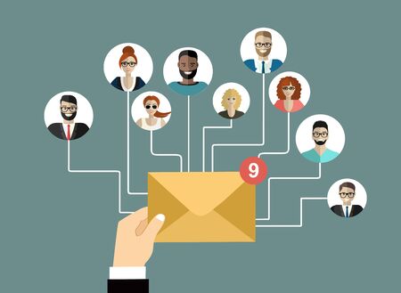Concept of running email campaign, building audience, email advertising, direct digital marketing Human hand holding an envelope spreading information thought email distributing channel to customersのイラスト素材