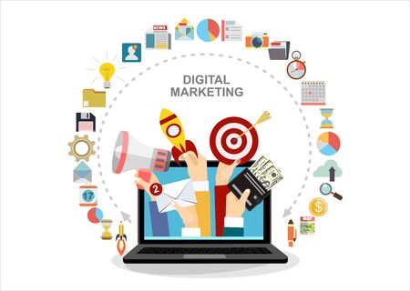 Hands holding megaphone, mail, start up and target coming out from laptop, digital marketing vector concept. Vector flat design illustration.のイラスト素材