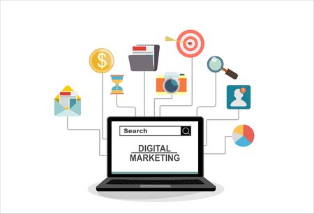 Hands holding megaphone, mail, start up and target coming out from laptop, digital marketing vector concept. Vector flat design illustration.のイラスト素材