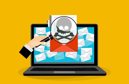 Concept of virus, piracy, hacking and security. Skull with crossbones in red envelope in laptop. Website banner of e-mail protection, anti-malware software. Flat vector illustration.のイラスト素材