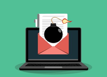 Laptop with envelope and document on screen. Bomb in message. Email, email marketing, internet advertising concepts. Flat vector cartoon illustration.のイラスト素材