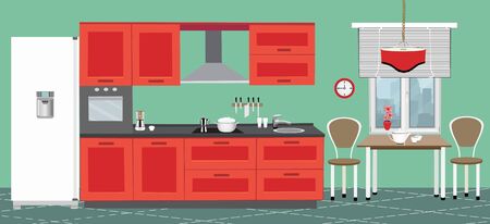 Kitchen in an red color. Furniture, stove, table, two chairs and other objects. Vector flat illustrationのイラスト素材