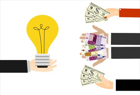 Hands holds money, hand holds light bulb. Buy idea, investing in innovation, modern technology business concept. Modern flat design graphicsのイラスト素材