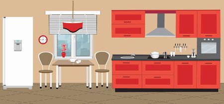 Kitchen in an red color. Furniture, stove, table, two chairs and other objects. Vector flat illustrationのイラスト素材