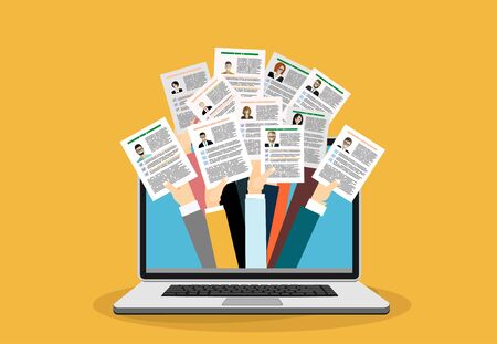 Applying for job, giving CV, job competition out from laptop vector conceptのイラスト素材