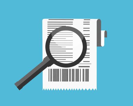 Receipt icon. Paper invoice and magnifying glass. Total bill. illustration in flat styleのイラスト素材