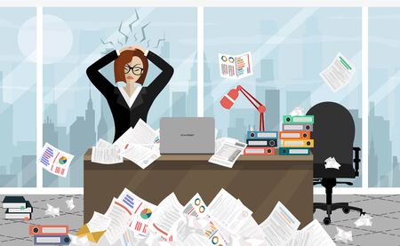 Stress at work concept flat illustration. Stressed out women in suit with glasses, in office at the desk. Modern design for web banners, web sites, printed materials, infographics. Flat vectorのイラスト素材