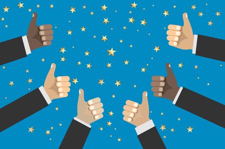 Businessmans hands hold thumbs up. vector illustration in flat design on blue background. Financials, work motivationのイラスト素材