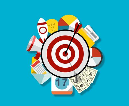 Dartboard arrow and icons. Business achievement and success concept. Straight to the aim symbol. Flat style vector illustration.のイラスト素材