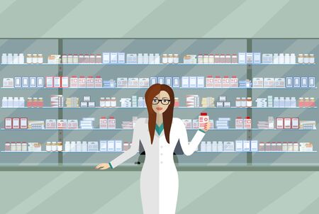Pharmacist showing some medicine. Pharmaciy Young woman at the workplace in a pharmacy: standing in front of shelves with medicines. Vector illustrationのイラスト素材