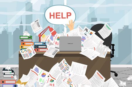 Businessman needs help under a lot of documents in the office and requests for help. Modern Idea and Concept Vector illustrationのイラスト素材