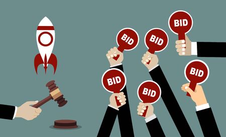 Auction and bidding concept. Hand holding auction paddle. Selling a startup. Flat vector illustration.のイラスト素材