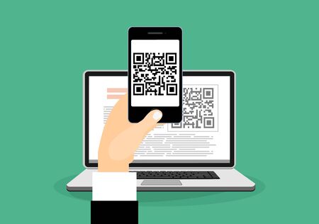 Hand businessman in front monitor laptop and scanning QR code with smartphoneのイラスト素材