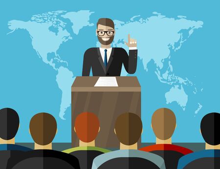 Press conference. Man standing at rostrum with microphones in auditorium with people, world map on background. Flat design graphics for web banners, websites, printed materials. Vector illustrationのイラスト素材