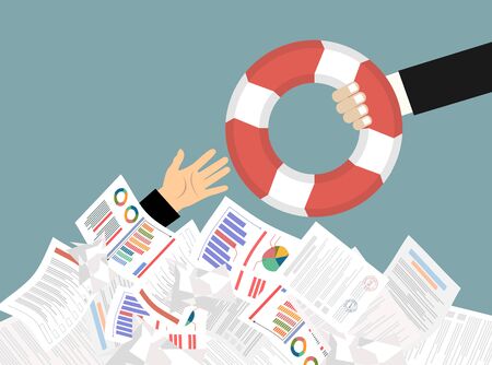 The hand of a man sticks out of a pile of papers. Another person is stretching a lifeline and wants to help. Helping Business to survive. Drowning businessman getting lifebuoy from another businessmanのイラスト素材