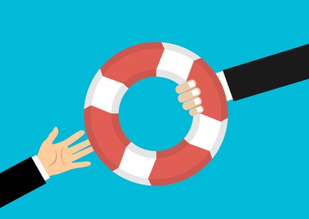 Helping Business to survive. Drowning businessman getting lifebuoy from another businessman. Business help, support, survival, investment concept. Vector colorful illustration in flat styleのイラスト素材