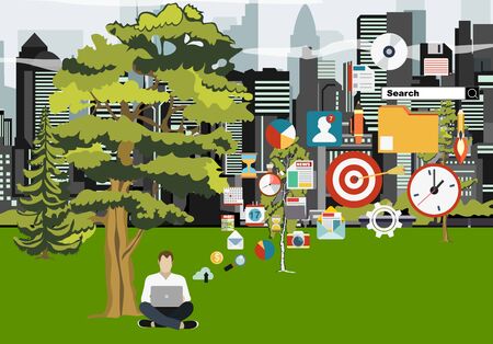 Human hand holds smart phone with messenger app. Flat illustration of people using gadgets walking outdoors in the park. Young people texting messages via messenger using smartphone in the parkのイラスト素材