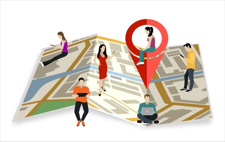 Vector map with Pin Pointer. Young people using mobile gadgets such as smartphone, tablet pc and laptop to be use the navigation application. Flat vector illustration.のイラスト素材